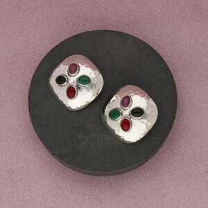 taxco mexico sterling silver vintage onyx coral hammered clip-on earrings